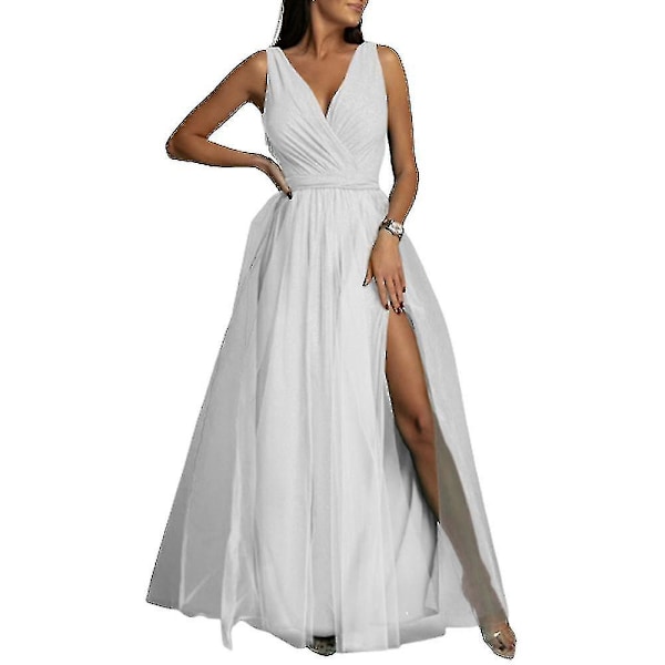 Dame V-hals Brudepige Bryllup Maxikjole Dame Galla Balkjole Aften Cocktailparty Slids Lange Kjoler White M