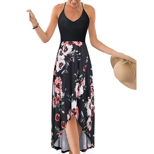 Dame Blomstret Slip Kjole Sommer Strand Svalehaler Swing A-Linje Kjoler Ærmeløs V-Hals Sommerkjole Plus Størrelse Black L