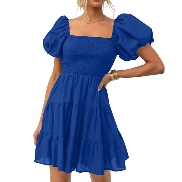 Dame Sommer Firkantet Hals Pufærme Off Shoulder Afslappet Kort Mini Kjole dark blue M