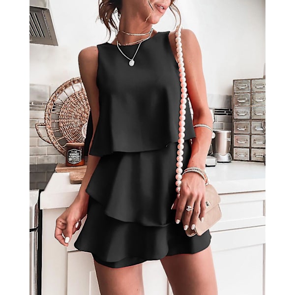 Naisten yksivärinen epäsäännöllinen kerroksellinen haalari lyhyt playsuit-haalari Black XL