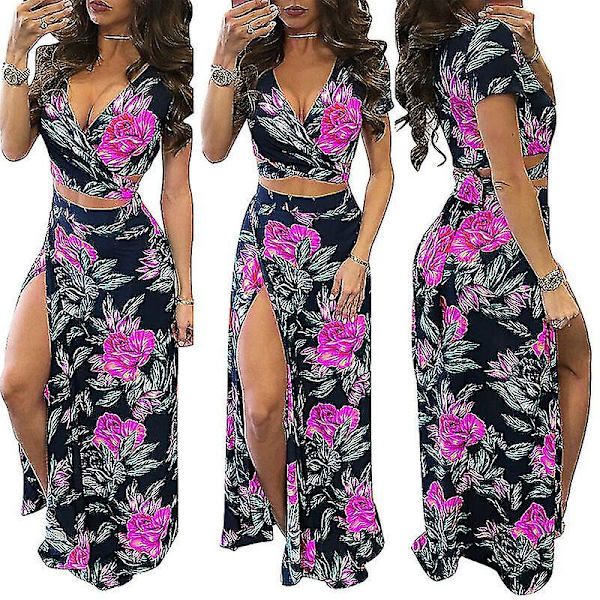 Dame V-hals Ferie Nederdel Sæt Print Crop Top Og Nederdele 2-delt Sæt Høj Talje Dragt Rose Red L