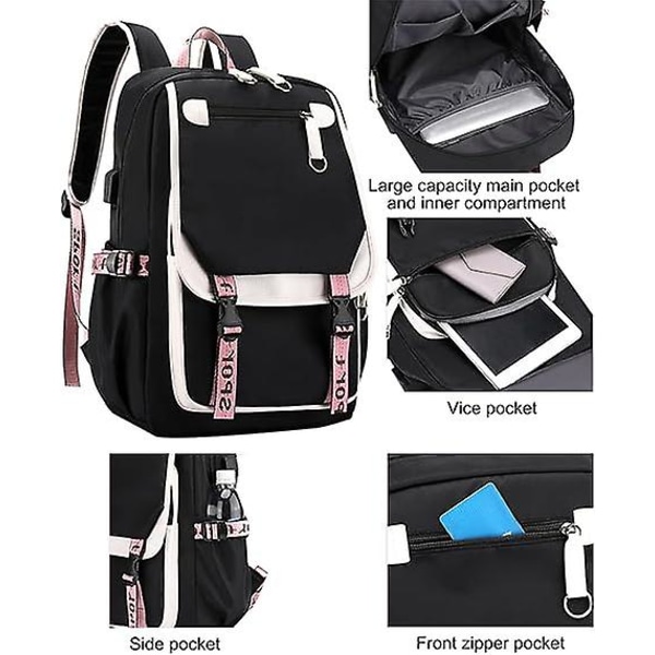 Ryggsäck för tonårsflickor Middle School Students Bokväska Outdoor Daypack med USB laddningsport black