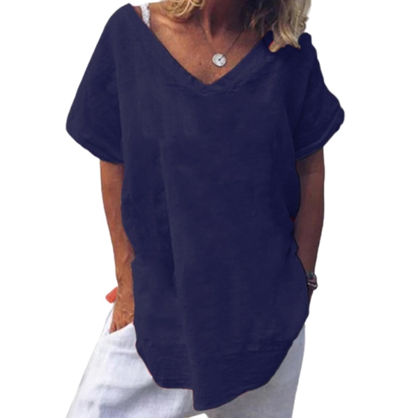 Kvinnors V-ringad baggy T-shirt Plus Size Dam Holiday Kortärmad Tunika Blus Blue 2XL