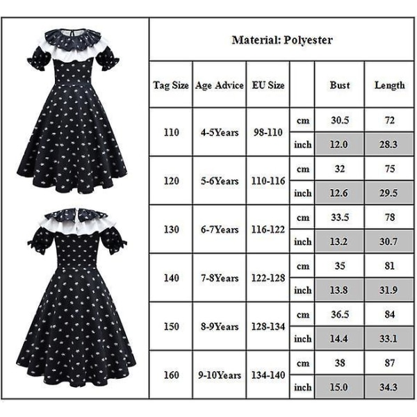 Wednesday Addams Cosplay Kostym Tryck Gotisk Volangkrage Klänning Flickor Halloween Party Maskerad 4-5 Years