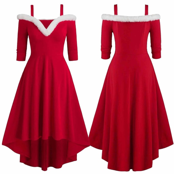 Dame Jul Langærmet Plys Høj og Lav Dyb V Off-shoulder Stor Swing Kjole Red L