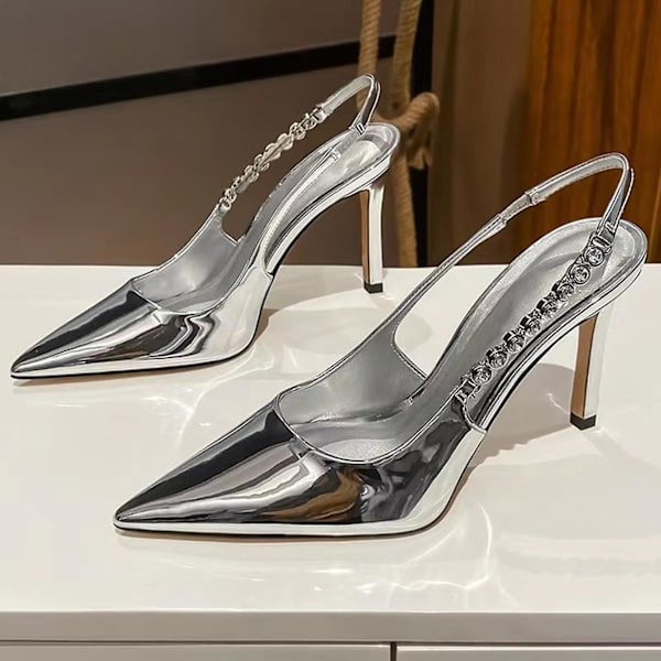 Dame Høje Stiletter Klassiske Spidse Lukkede Pumps Sko Bryllup Brude Fest Kjole Sko Silver 38