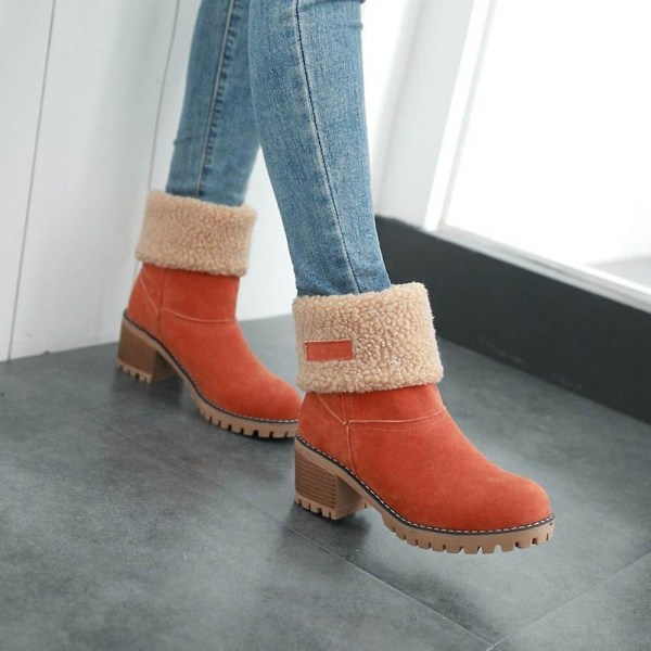 Dame Vinterstøvler Korte Sne Flock Varme Støvletter Sko Slip On Korte Ankel Chunky Hæl Støvler Orange 38