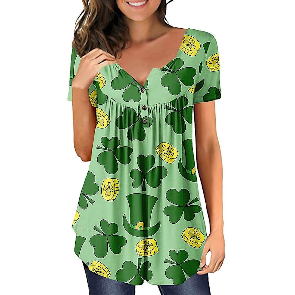 St. Patricks Dag Dame T-shirt Heldige Kløver Printet Kortærmet Flæse Tunika Toppe Løs Tee Bluse B L