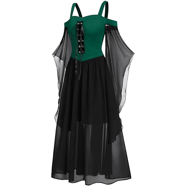 Maxikjole med sommerfugleærmer til kvinder, middelalder punk gotisk tøj, sexet Halloween kostume, kjoler med kolde skuldre og korset C-green 4X-Large