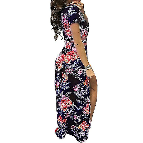 Dame V-hals Ferie Nederdel Sæt Print Crop Top Og Nederdele 2-delt Sæt Høj Talje Dragt Navy Blue M