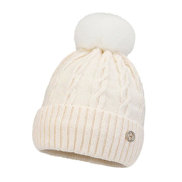 Dam Kabelstickad Varm Vintermössa Stickad Termisk Pom Pom Mössa Beige