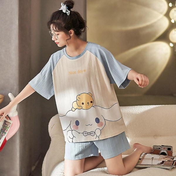 Sanrios Kawaii Cinnamoroll Tegneserie Bomulds Pyjamas Kortærmet Shorts Tyndt Sæt Sødt Hjemmetøj Kan Bruges Udenfor L Cinnamoroll