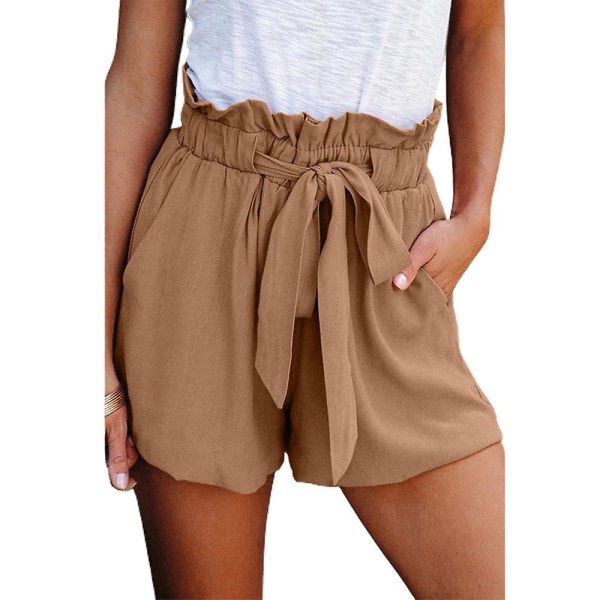 Dame Højtaljede Løse Paperbag Shorts Sommer Casual Bred Ben Korte Bukser Khaki M