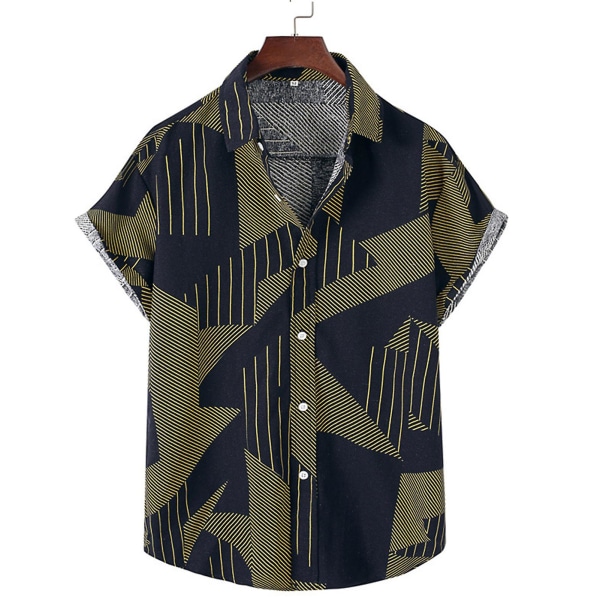 Herrskjorta i bomull och linne med knappar, kort ärm och krage i tropisk stil Navy XL