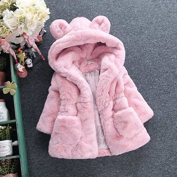Flickor Vinter Fluffig Fuskpäls Huvjacka Fleece Tjock Varm Jacka Ytterkläder Pink 3-4 Years