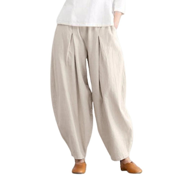 Naisten puuvilla-pellavatyyliset haremhousut, löysät Ali Baba -housut, pitkät, plus-koko Apricot 2XL