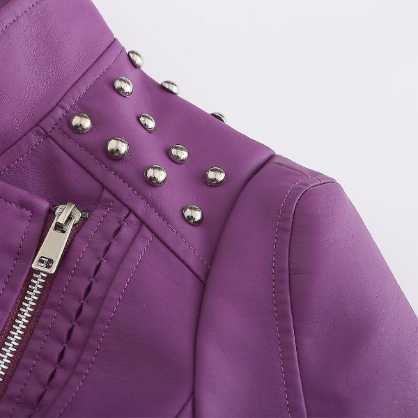Dam Slim Fit Enfärgad Dubbad Shoulder Zip Kort läderjacka Purple L