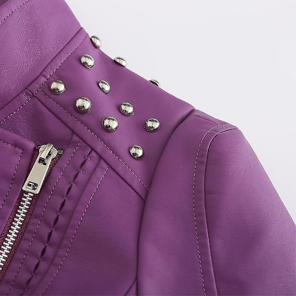 Dame Slim Fit Ensfarvet Læderjakke med Nitter på Skuldrene og Lynlås Purple L