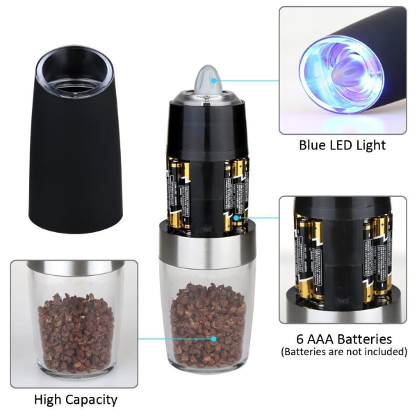 Gravity elektrisk peppar- och set, justerbar grovhet, batteridriven med LED-ljus, enhandsautomatik, svart