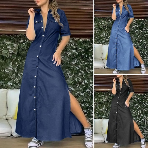 Skjorta Krage Enfärgad Denim Klänning Dam Sommar Enknäppt Kortärmad Sidoslits Klänning Mamma Kjolen Kvinna Casual Wear Kjolen Dark Blue M