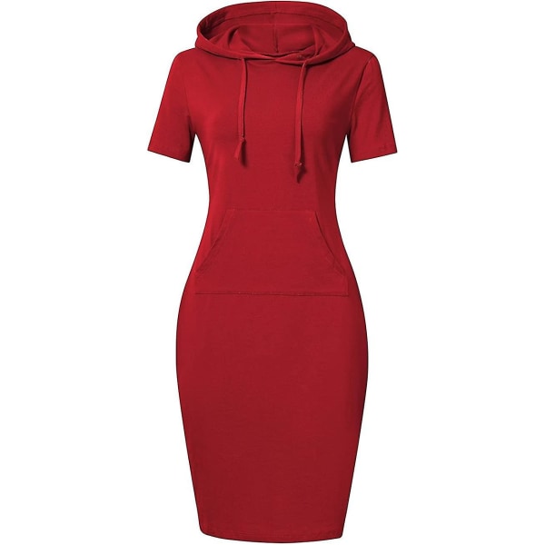 Damer Casual Sport Hooded Pocket Knee Lenth Dress Short Sleeve   Red S