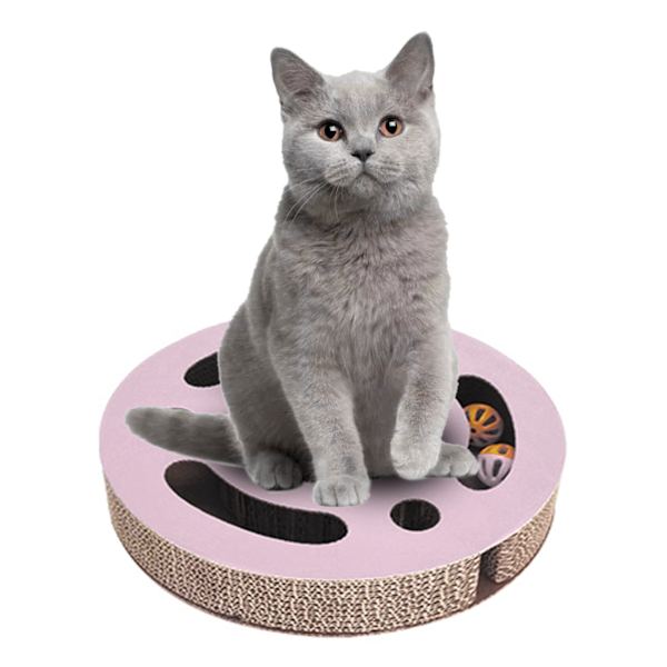 Kattklösbräda leksak 3 i 1 interaktiv förtjockad rund korrugerad kattunge-skrapleksak med Bell Ball Rosa