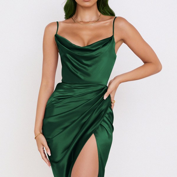 Ermeløs sateng gjestefestkjole for kvinner (grønn, M)