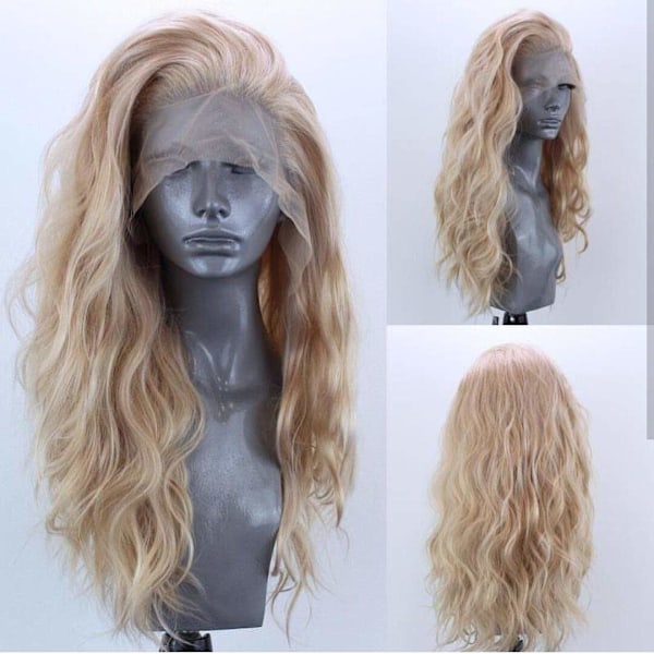Lång Naturlig Lockig Glueless Lace Front Peruk Gyllenblond Syntetisk [HONGDE]
