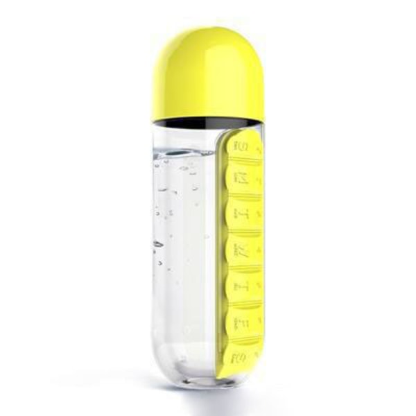 Vattenflaska med pillerhållare, bärbart insatt pillerfodral-gult
