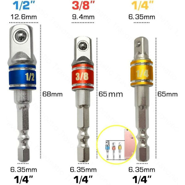Stikdåsesæt sekskantet adapter stiknøgle 1/4 3/8 1/2Cr-V 3 stk.