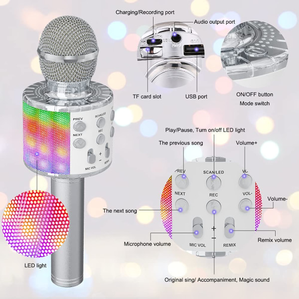 Bärbar Bluetooth -mikrofonspelare med LED Dance Light-silver