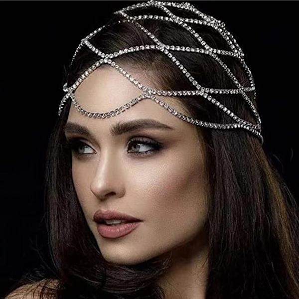 Designer Crystal Head Chain Silver Cap Tiara Party