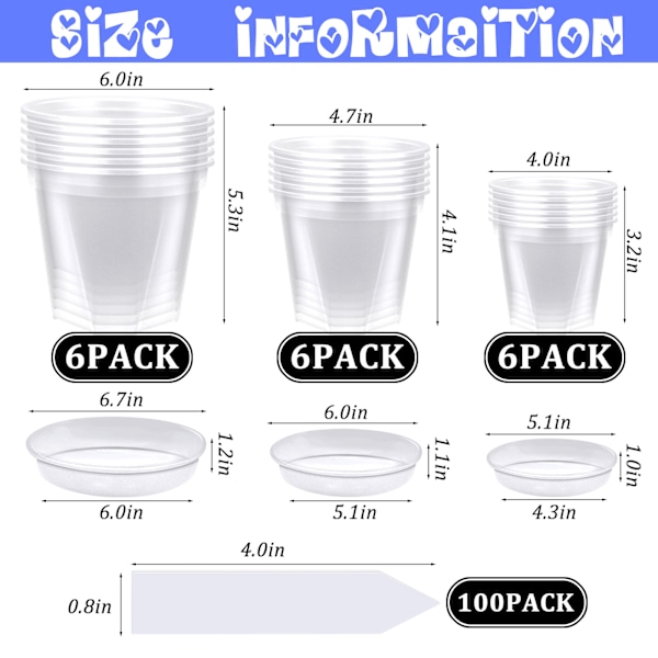 3 storlekar 18-pack plastkrukor transparenta krukor med bricka och 100 st o Armégrön Army green one