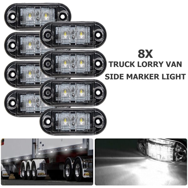 8 stk. LED sidemarkeringslys Positionslys Forreste Bageste Sidelampe 12V 24V Universal til Trailer Lastbil Campingvogn Van Bus Traktor, Hvid, 12v