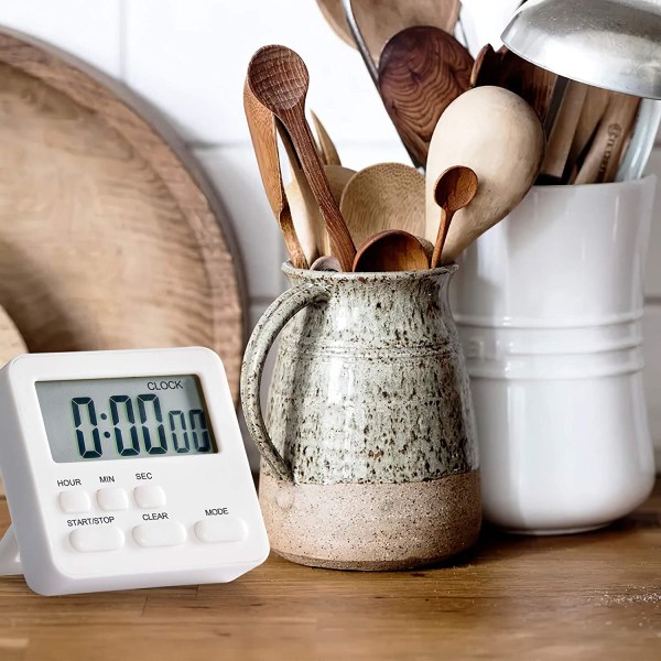 24-timers digital køkkentimer, stort display, høj alarm, hvid