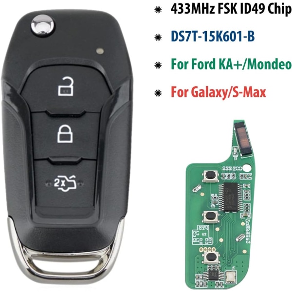 Heart Horse 433 MHz 3 knapper bil fj?rrkontrol nøgle fj?rrnyckel skal ers?ttning med ID49 chip f?r Fo-rd Modeo KA+ Glaxy S-Max (FSK DS7T-15K601-B)