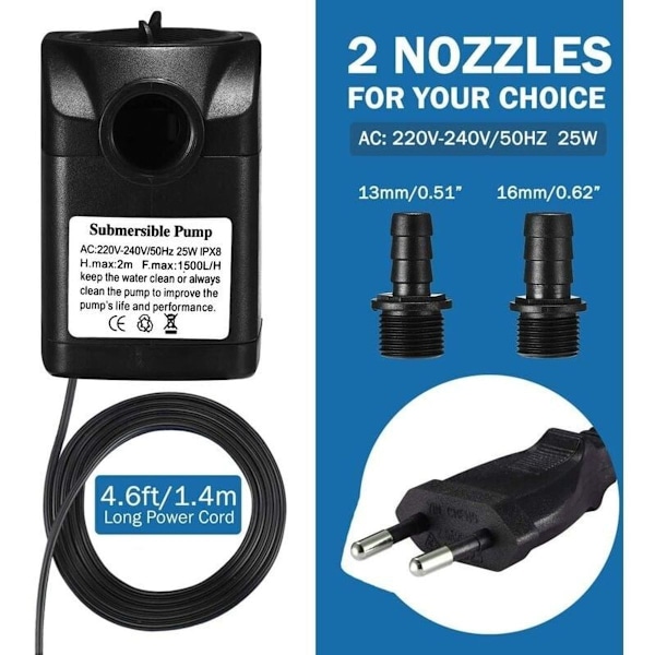 1500 l/t dykpumpe, 25 watt, ekstremt støjsvag akvariepumpe