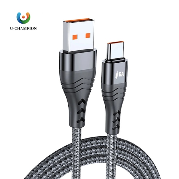 2025 Ny 6A Typ C Snabbladdande USB-kabel Nylonflätad Mobiltelefonladdarkabel Samsung Huawei Datakabel black 1 meter