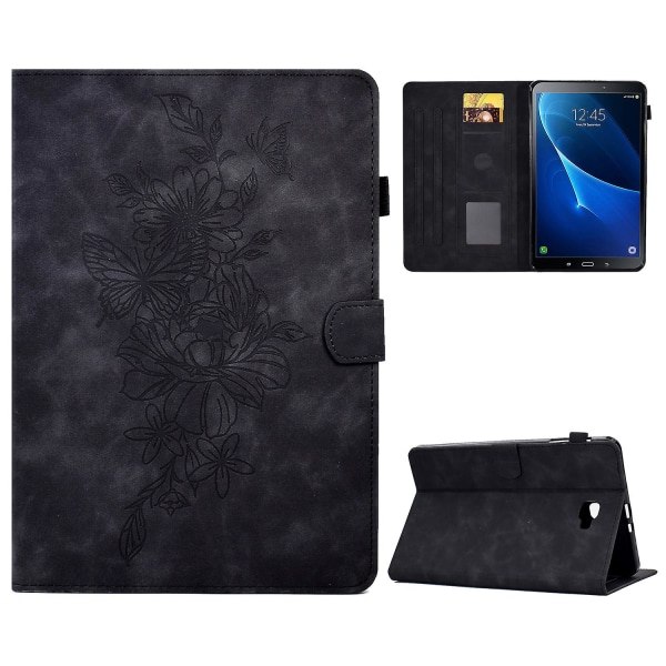 SQBB Beskyttelsesdeksel i PU-lær med sommerfugl- og blomstermønster for Samsung Galaxy Tab A 10.1 (2016) T580 / T585 - Svart