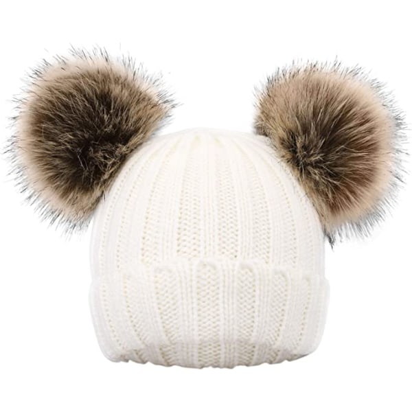 Warm Kids Vinterlue med Pompom Ears Elastisk Strikket-Hvit