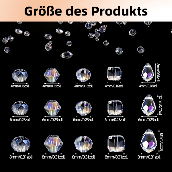 Pakke med 600 Facetterede Perler, 4/6/8mm Krystalglas Perler, Perler til Trådning, Glitter Perler, Klart Krystalglas med Beholder til Håndværk,