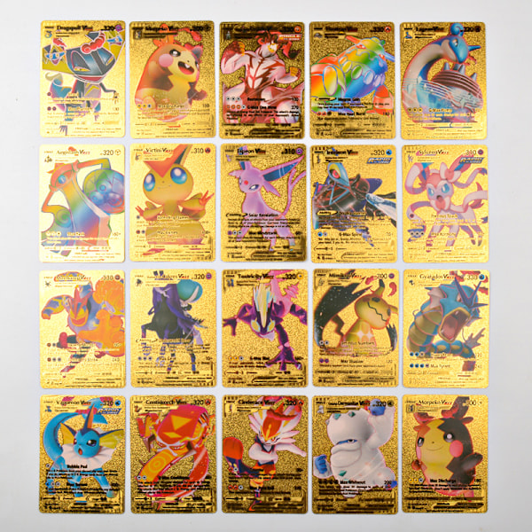 55 kort i guldfolie - Sällsynta - Charizard Gx, Pika-chu Vmax - Inga dubbletter