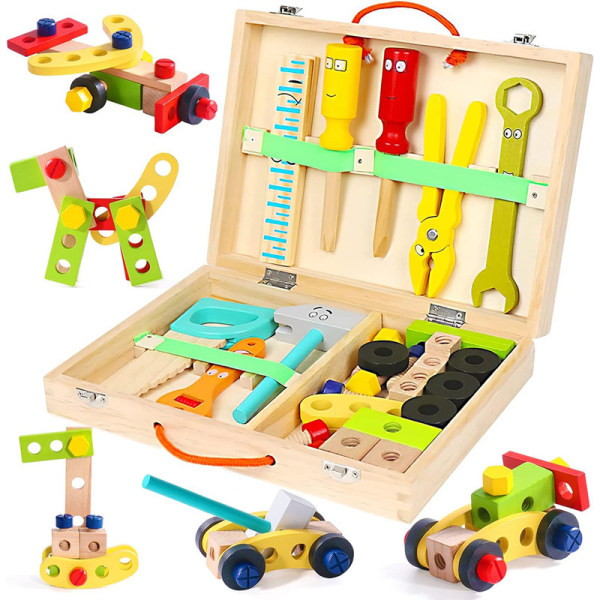 Barnverktygslåda, träleksaker, barnverktyg, Montessorileksaker från 3 år, pedagogiska spel, barnverktygslåda, 34 stycken