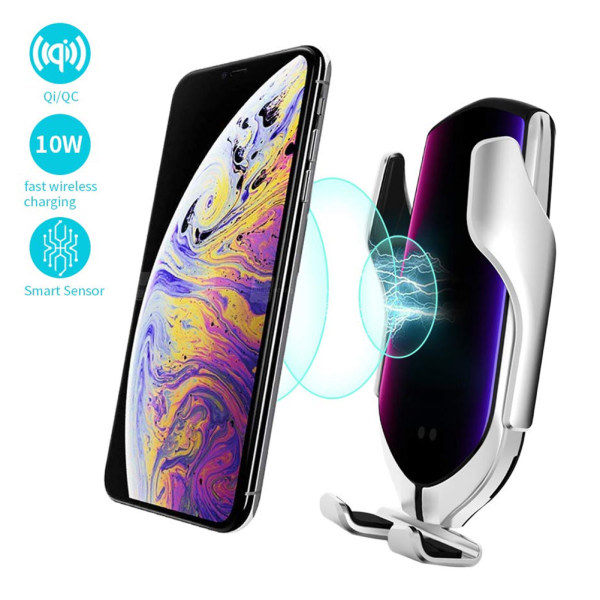 Metallisk Mobilholder Bil Trådløs Oplader QI 10W Hurtigoplader Biloplader med Automatisk Klemsensor sølv