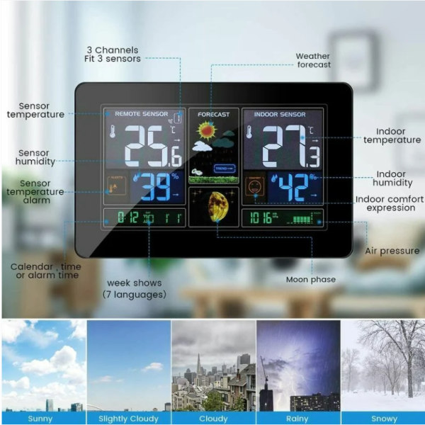 Værstasjon med trådløs fjernkontrolltermometer hygrometer digitalt barometer 9 i 1