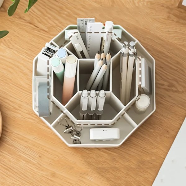 Roterande pennhållare, skrivbordsorganisatör, 9 fack, stor kapacitet, 360° roterbar (beige) [HONGDE]
