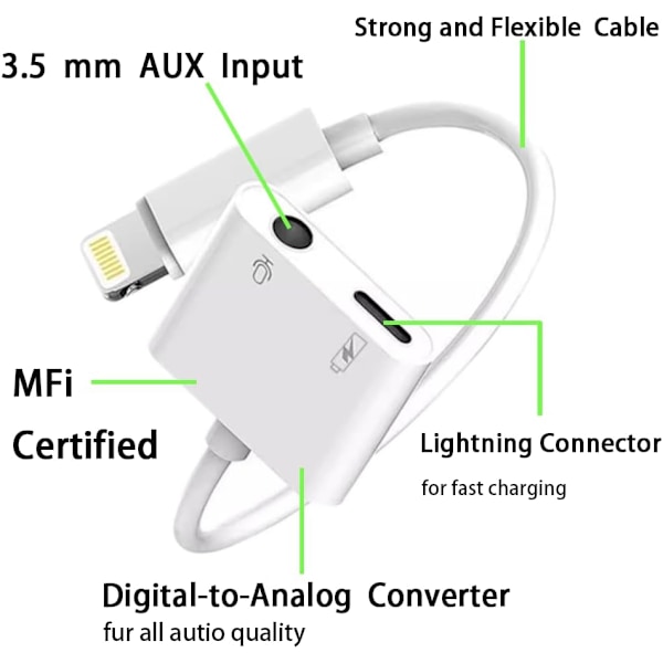 2 kpl Lightning - 3,5 mm kuulokeliitäntäadapteri iPhone-donglelle, 2 in 1 laturi ja Aux-äänijakaja-adapteri, valkoinen [HONGDE]