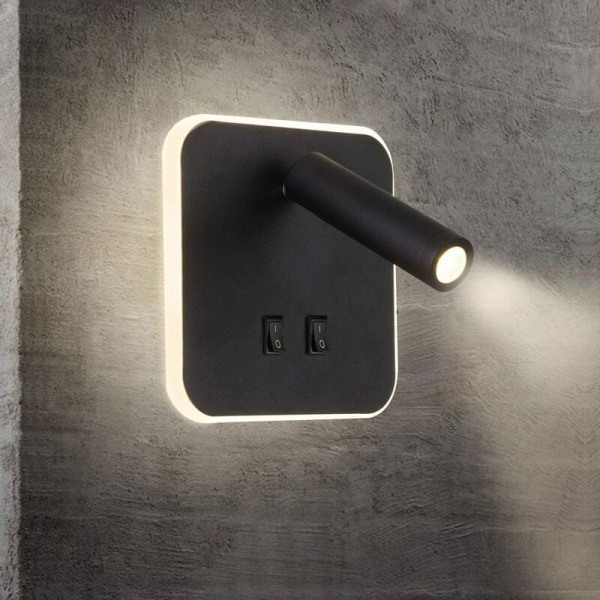 Vægplade Sort Sengelampe LED Sengelampe 3000K (3W+10W) Sort Firkant