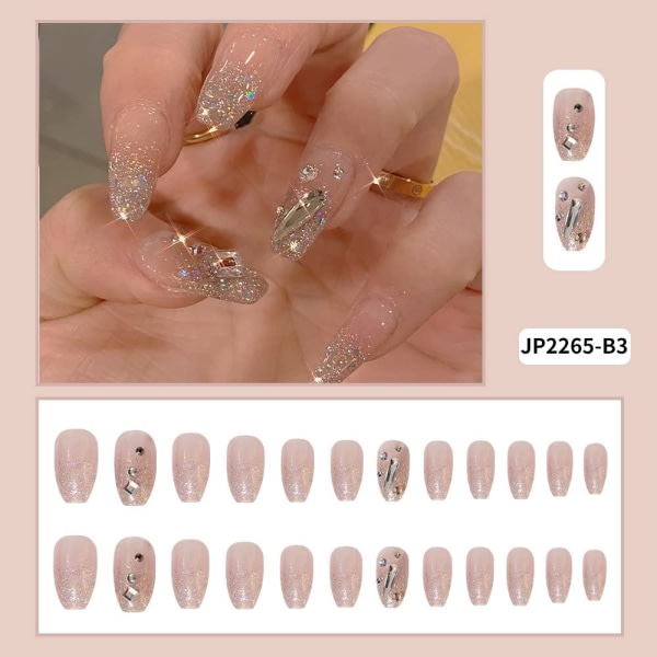 24 press-on naglar, 3D strass kista falska naglar design, ollon