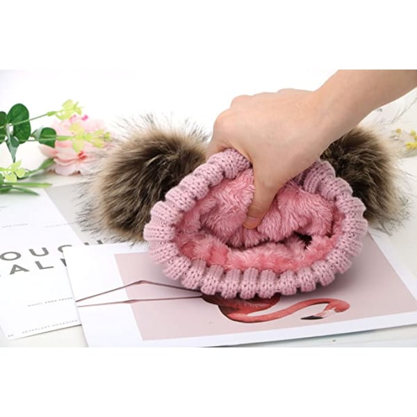 Varm vintermössa för barn med pompom-öron, elastisk stickad - rosa